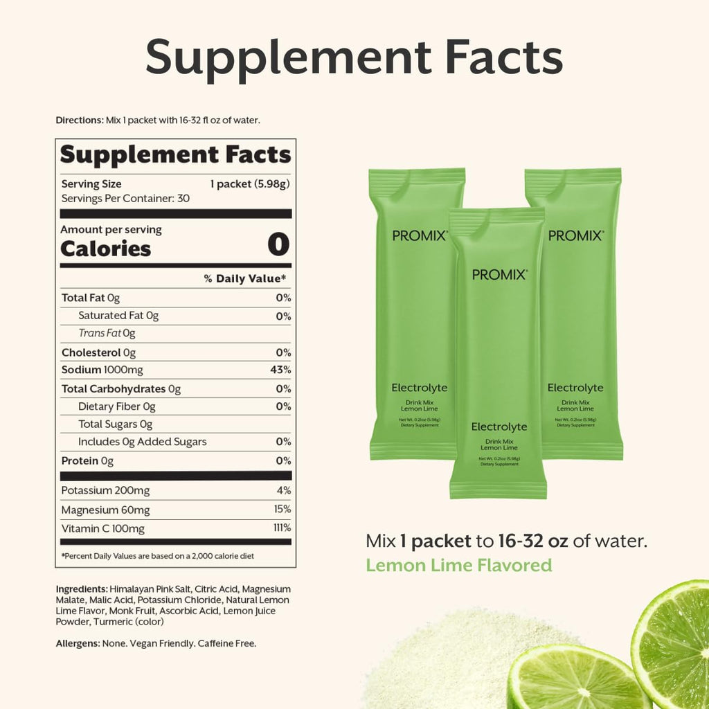 ProMix Nutrition Electrolytes Powder Hydration Packets - Himalayan Pink Salt, Magnesium, Potassium, Vitamin C - Lemon Lime, Lightly Sweetened - 30 Servings (Pack of 30)
