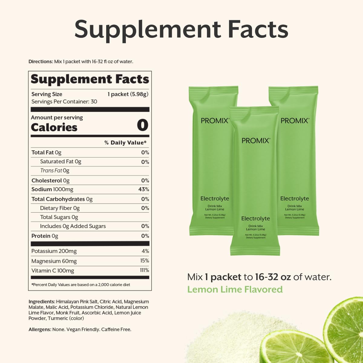 ProMix Nutrition Electrolytes Powder Hydration Packets - Himalayan Pink Salt, Magnesium, Potassium, Vitamin C - Lemon Lime, Lightly Sweetened - 30 Servings (Pack of 30)