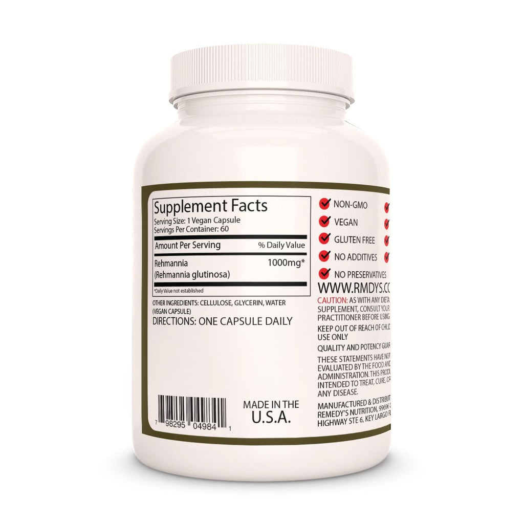 Remedy’s Nutrition Rehmannia Root - 1,000 mg, 60 Vegan Capsules Herbal Dietary Supplement - 2 Month Supply