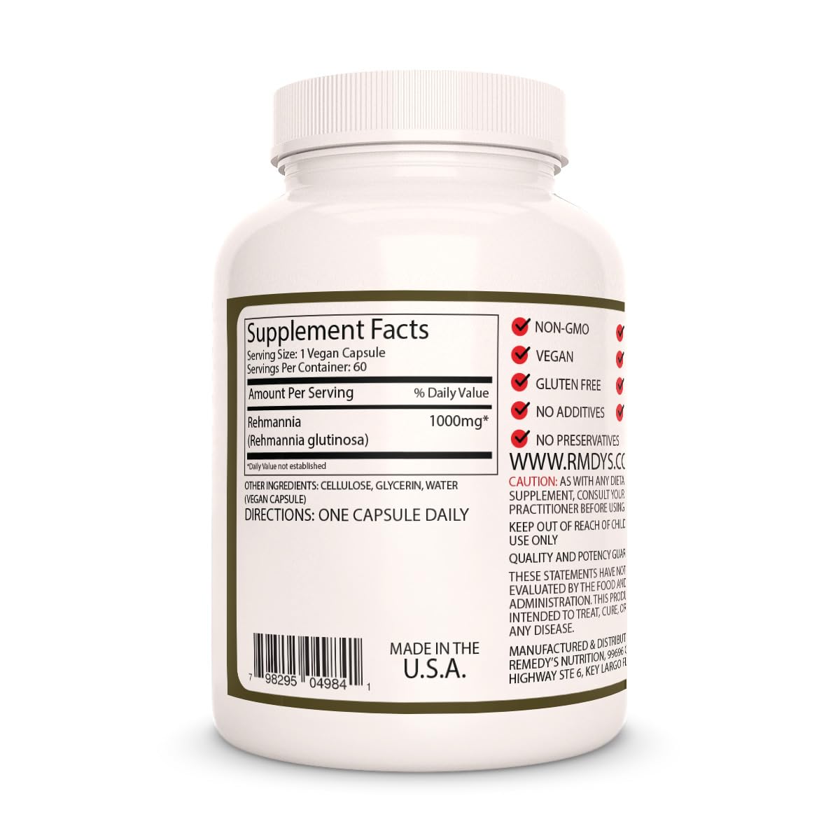 Remedy’s Nutrition Rehmannia Root - 1,000 mg, 60 Vegan Capsules Herbal Dietary Supplement - 2 Month Supply