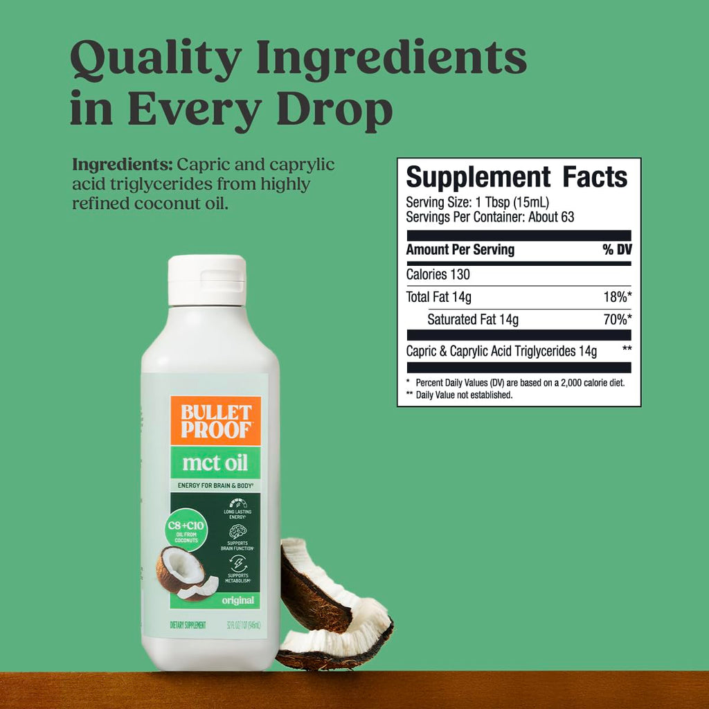 Bulletproof C8 & C10 MCT Oil, 100% Pure Coconut Oil, Triple-Distilled for Sustained Keto Energy, Unflavored, No Additives or Fillers, Non-GMO, 32 oz