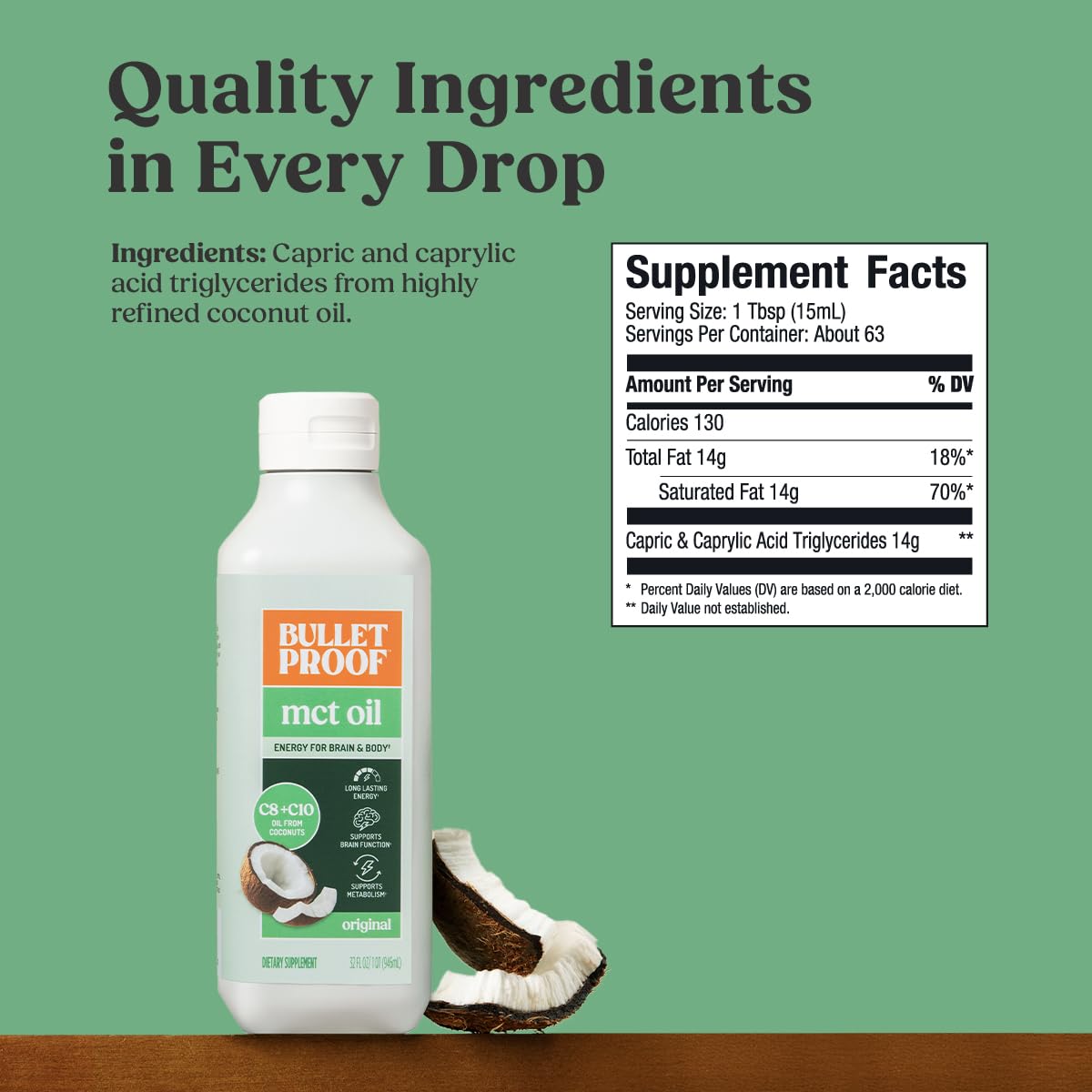 Bulletproof C8 & C10 MCT Oil, 100% Pure Coconut Oil, Triple-Distilled for Sustained Keto Energy, Unflavored, No Additives or Fillers, Non-GMO, 32 oz