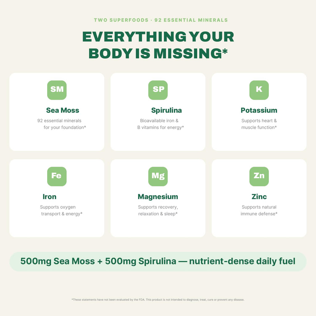 Atlantic Naturals Sea Moss with Spirulina Superfood Capsules - Multivitamin Supplement Supports Healthy Iron and Immune Health, Alternative to Seamoss Gel and Powder - Irish Sea Moss Capsules (120 ct)