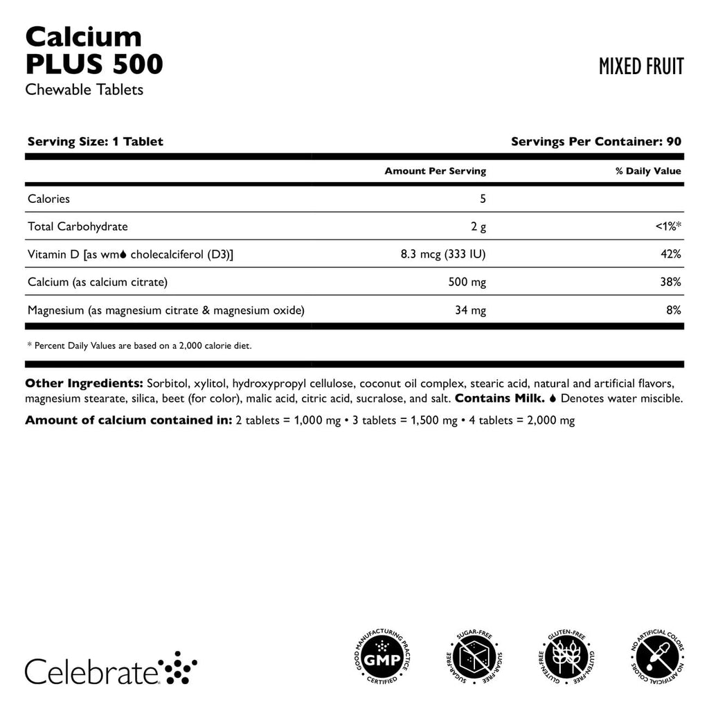 Celebrate Vitamins Calcium Plus - 500mg Calcium Citrate, 333 IU Vitamin D3 & 34mg Magnesium for Post Bariatric Surgery - Gluten-Free & Sugar-Free - Mixed Fruit, 270 Chewable Tablets