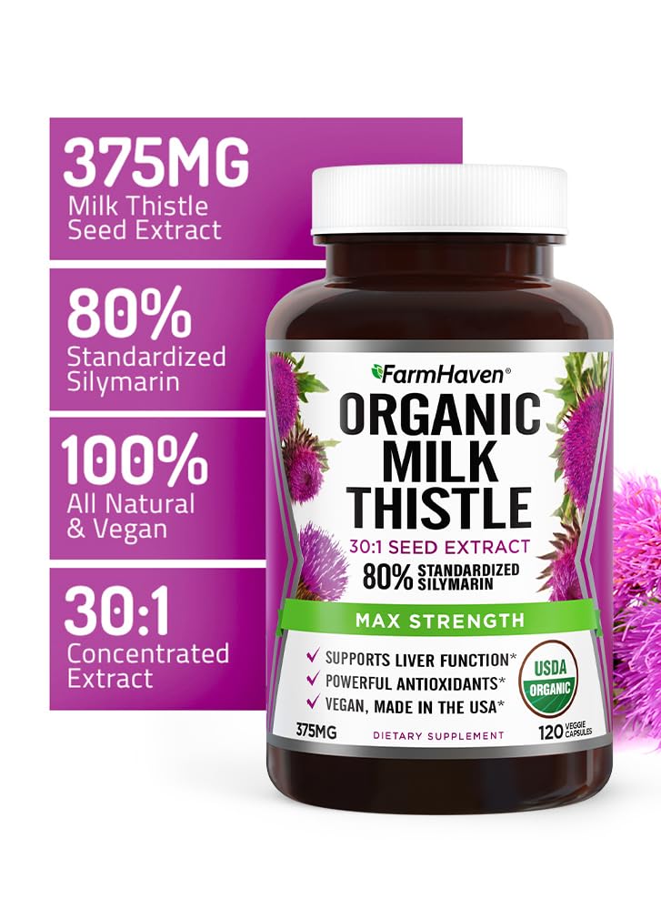 FarmHaven USDA Organic Milk Thistle Capsules | 30X Concentrated Seed Extract & 80% Silymarin Standardized - Supports Liver Function and Overall Health | Non-GMO | 240 Vegan Capsules