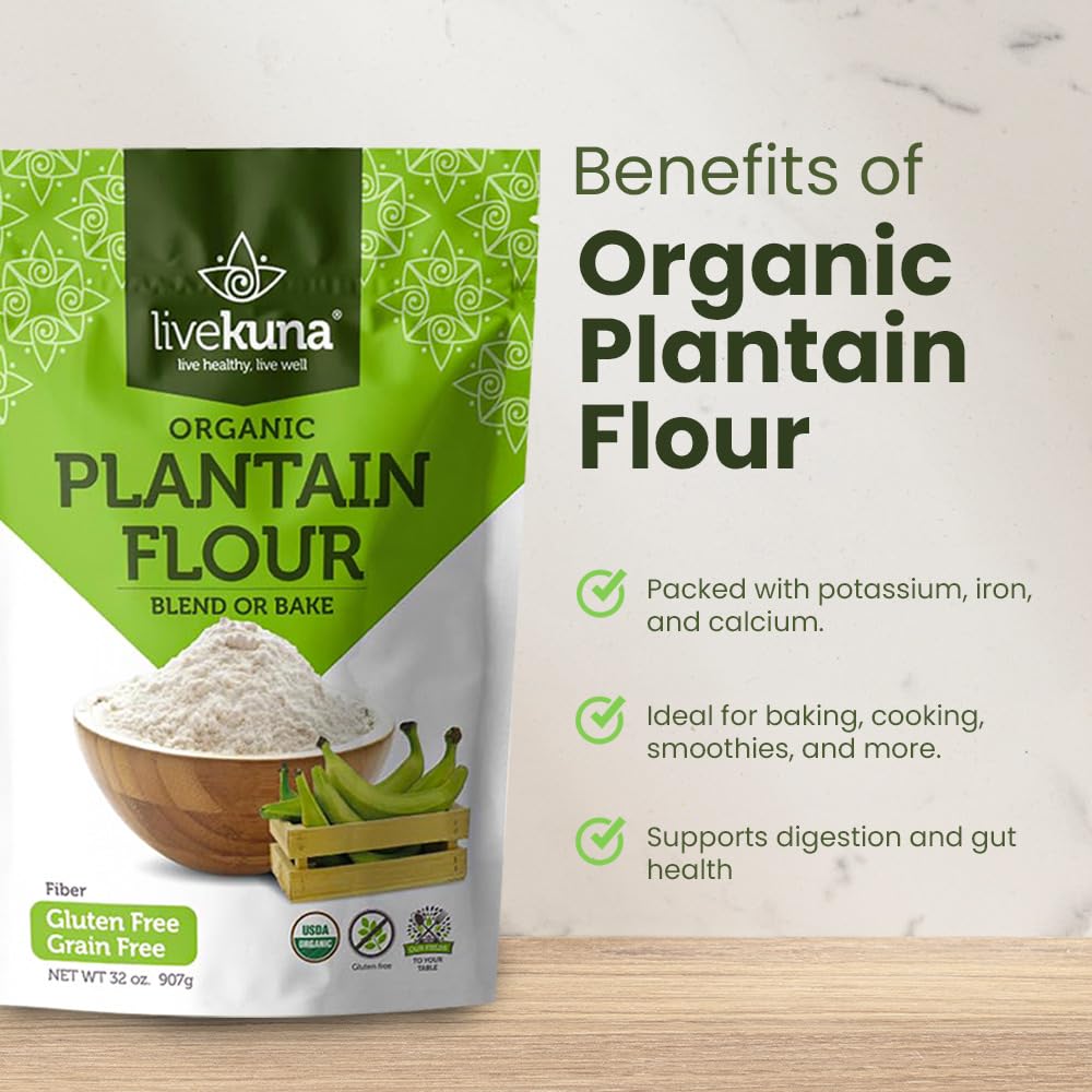 LiveKuna Organic Plantain Flour - Gluten Free All Purpose Flour Alternative For Baking & Cooking Recipes - Grain Free Vegan Plantain Flour, Rich In Fiber & Vitamins for Keto & Paleo Diets, 32oz Bag