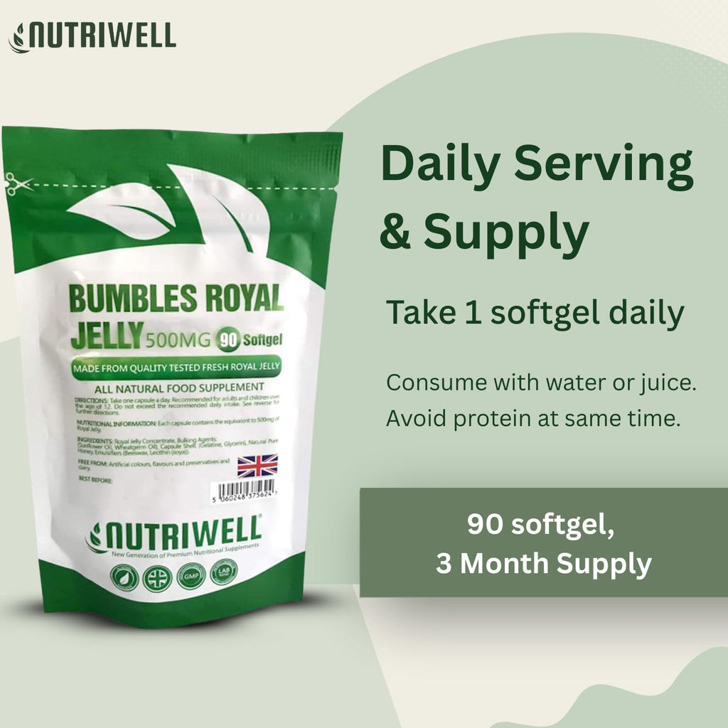 Bumbles Royal Gellee - 90 High Strength 500mg Royal Jelly Softgel Capsules to Support Immune System and Boost Energy, for Healthy Hair & Skin, Made in The UK by Nutri Well