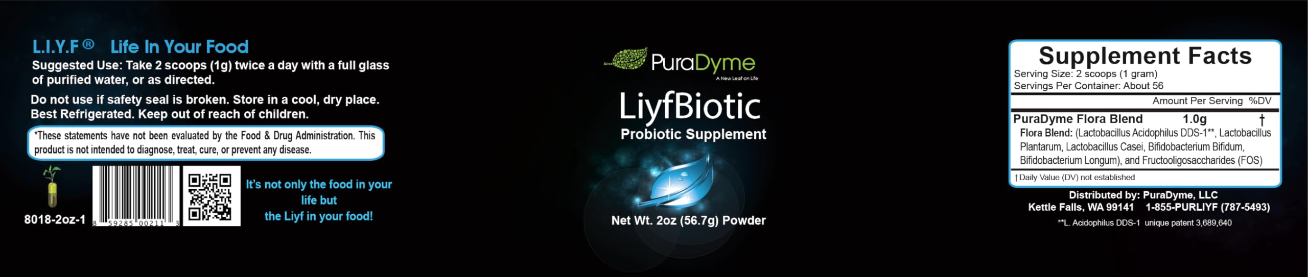 PuraDyme LiyfBiotic Probiotic Digestion and Dietary Supplement - 2 Ounce Powder. By Lou Corona