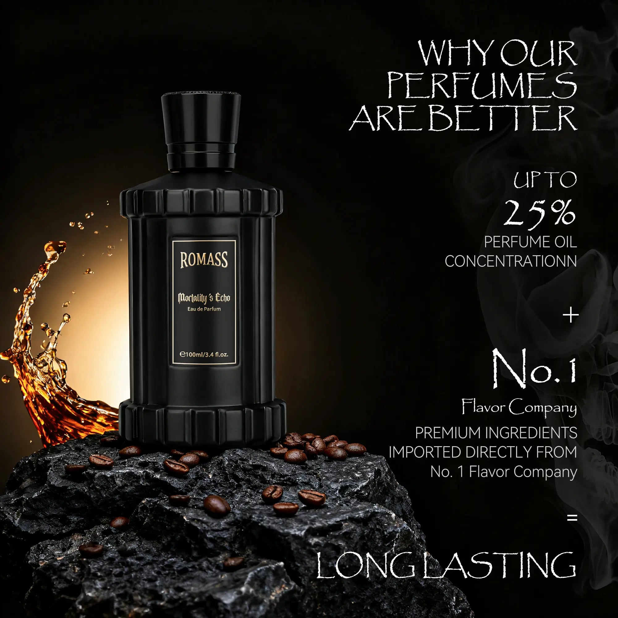 ROMASS Mortality’S Echo Luxe Perfume Unisex 3.4 Oz 100 Ml Long Lasting 8+ Hours with Rum Coffee Vetiver & Sandalwood Notes in Black Bottle #Summervibes