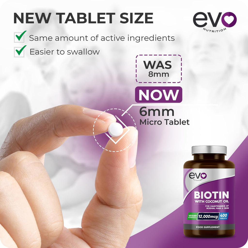 EVO Nutrition Biotin Hair Growth 12,000mcg with Coconut Oil, 400 Tablets