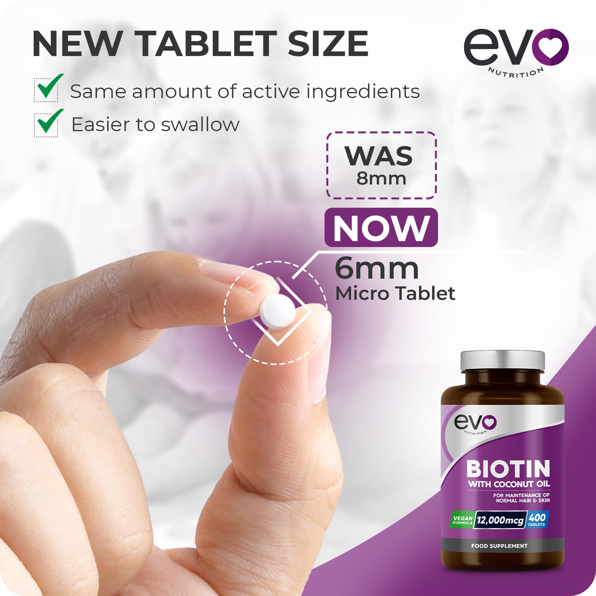 EVO Nutrition Biotin Hair Growth 12,000mcg with Coconut Oil, 400 Tablets
