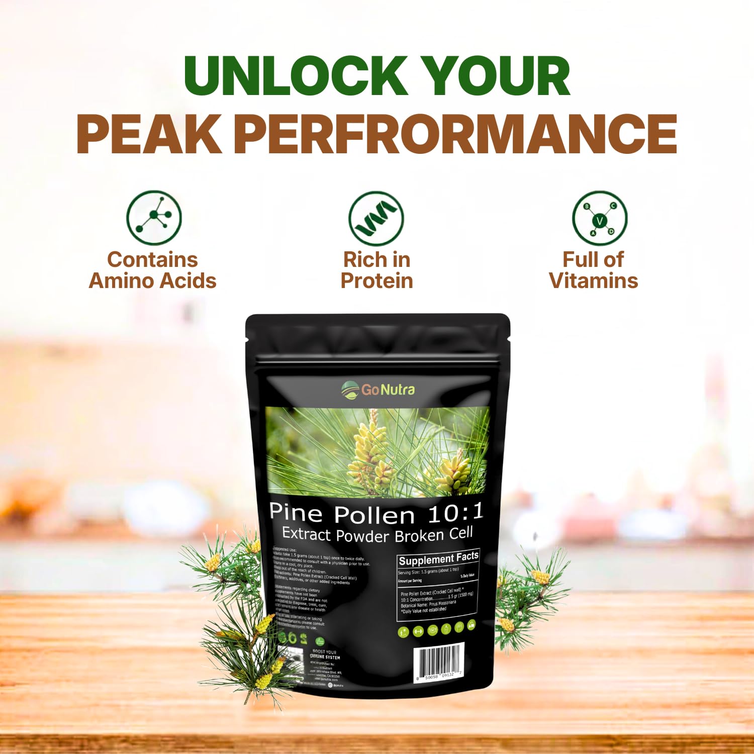 Go Nutra Pine Pollen Powder | Wild Harvested & Broken Cell Wall | Pure 10:1 Pine Pollen Extract, Antioxidant-Rich & Androgenic | Supports Health, Energy | Vegan, Non-GMO, Gluten Free | 16 Ounce (1lb)