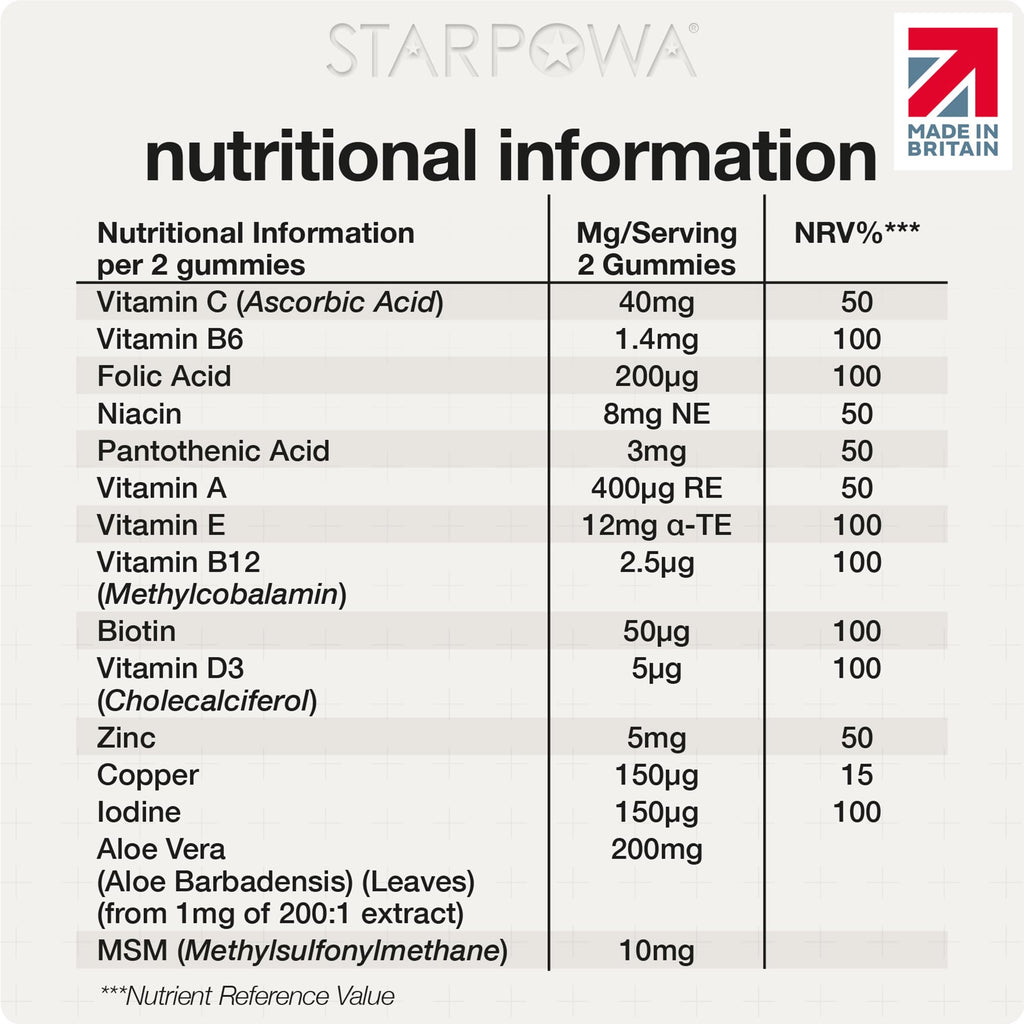 Starpowa Hair Skin and Nails Vitamins - Vitamin Gummies for Growth, Strength & Radiance - Packed with Biotin, Zinc, Vitamins A, C, D, E, B12 & Aloe Vera - Plant-Based, Gluten-Free - Berry, 60 Chews