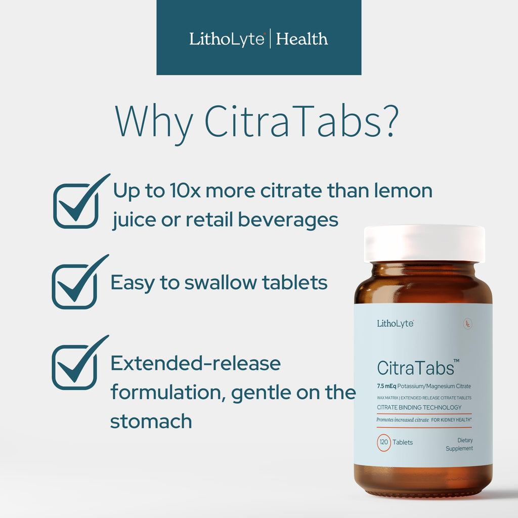 LithoLyte CitraTabs® 7.5 mEq | Extended-Release Citrate Tablets | Kidney Health Protector | Science-Backed Support Beyond Cleanse, Detox, or Stone Dissolver Supplements | 120 Tablets