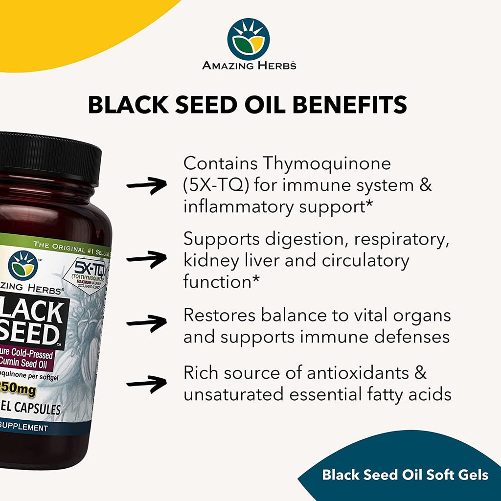 Amazing Herbs Premium Black Seed Oil Capsules - High Potency, Cold Pressed Nigella Sativa Aids in Digestive Health, Immune Support & Brain Function - 60 Count, 1250mg (Pack of 2)