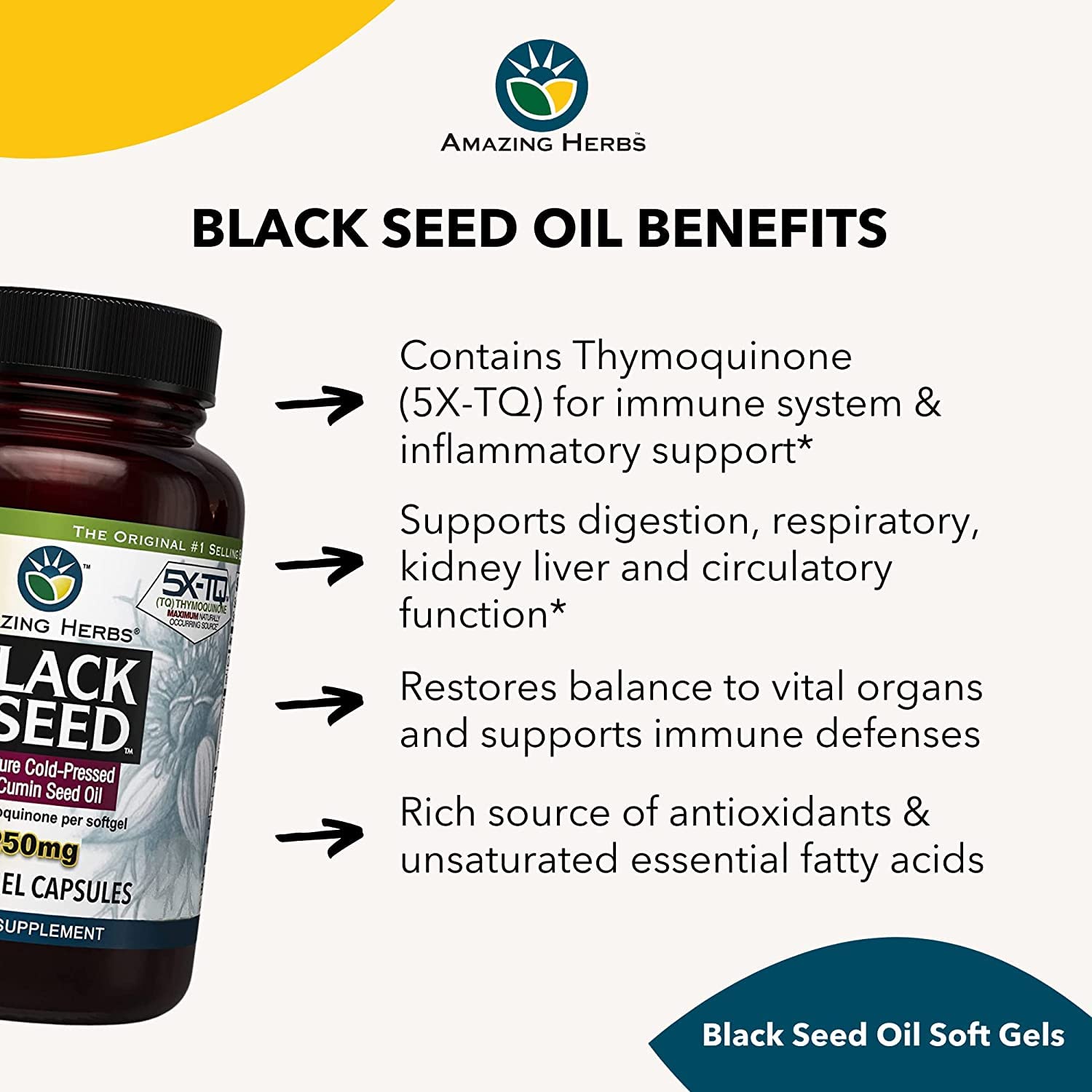 Amazing Herbs Premium Black Seed Oil Capsules - High Potency, Cold Pressed Nigella Sativa Aids in Digestive Health, Immune Support & Brain Function - 60 Count, 1250mg (Pack of 2)