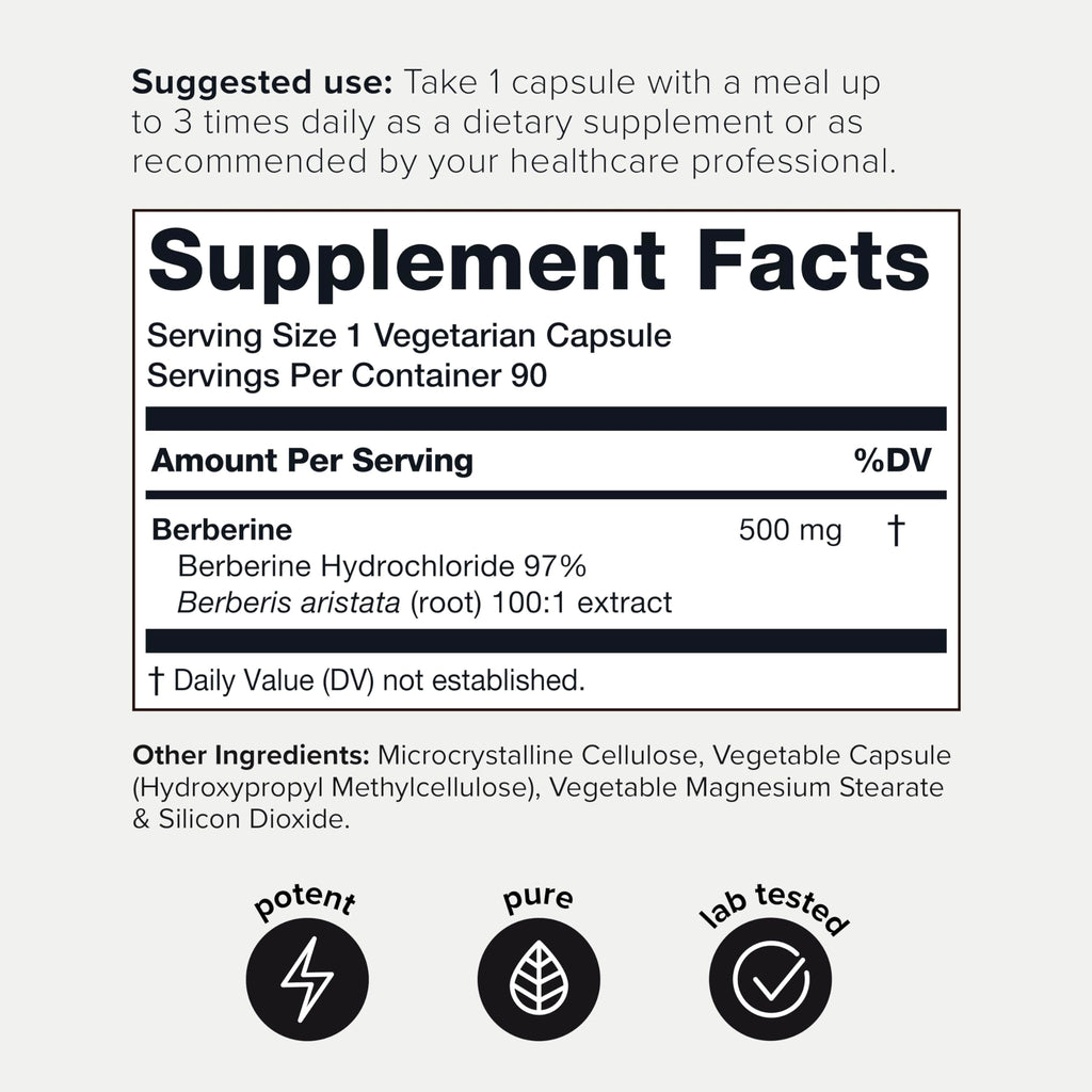 Toniiq NSF Certified Ultra High Strength Berberine HCl from The Himalayas - 100:1 Concentrated Extract - Lab-Tested 97% Berberine HCl - 90 Vegetarian Capsules, 500 mg per Capsule