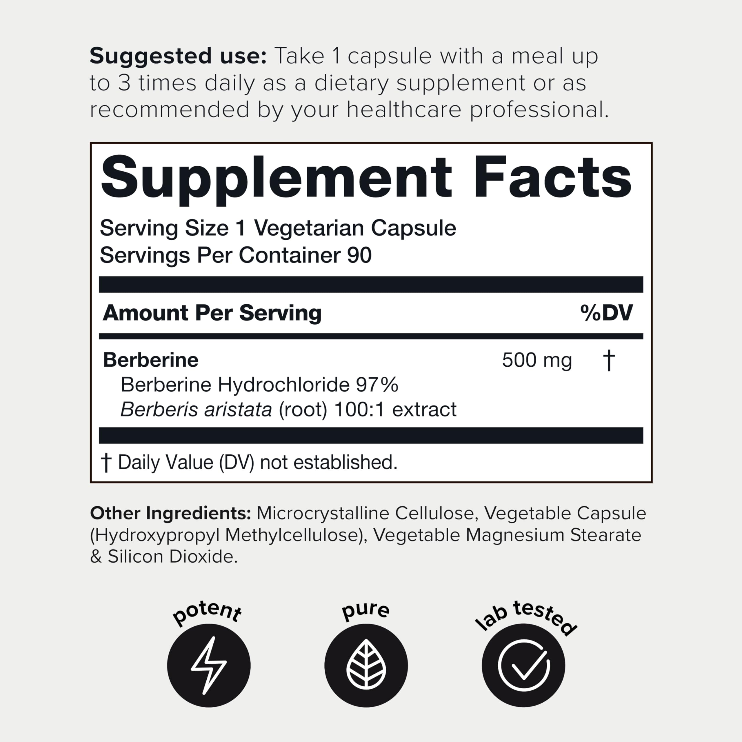 Toniiq NSF Certified Ultra High Strength Berberine HCl from The Himalayas - 100:1 Concentrated Extract - Lab-Tested 97% Berberine HCl - 90 Vegetarian Capsules, 500 mg per Capsule