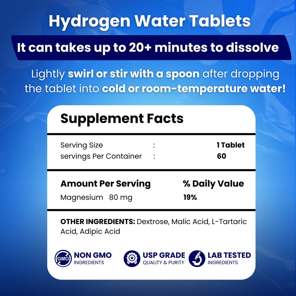 PHM Hydrogen Water Tablets for Drinking Water - H2 Molecular Tabs | Magnesium Pills, Electrolytes Hydration Supplement to Support Healthy Aging & Energy Boost | 90 Tablets, 3 Months Supply