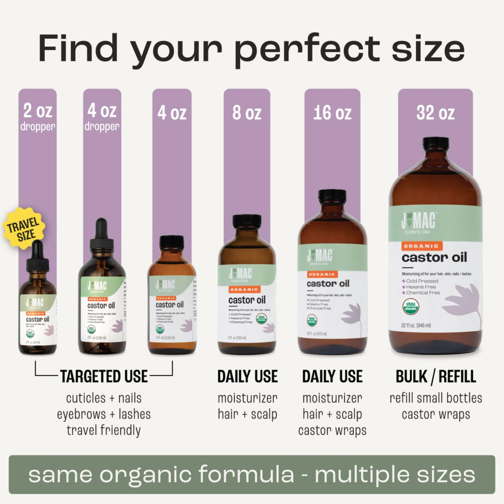 J MAC BOTANICALS Organic Castor Oil Cold Pressed in Amber Glass Bottle (4oz, NO DROPPER) USDA Certified, Hexane Free - Moisturizing Oil for Hair, Skin, Face, Eyelashes, Brows, Nails, and Castor Wraps