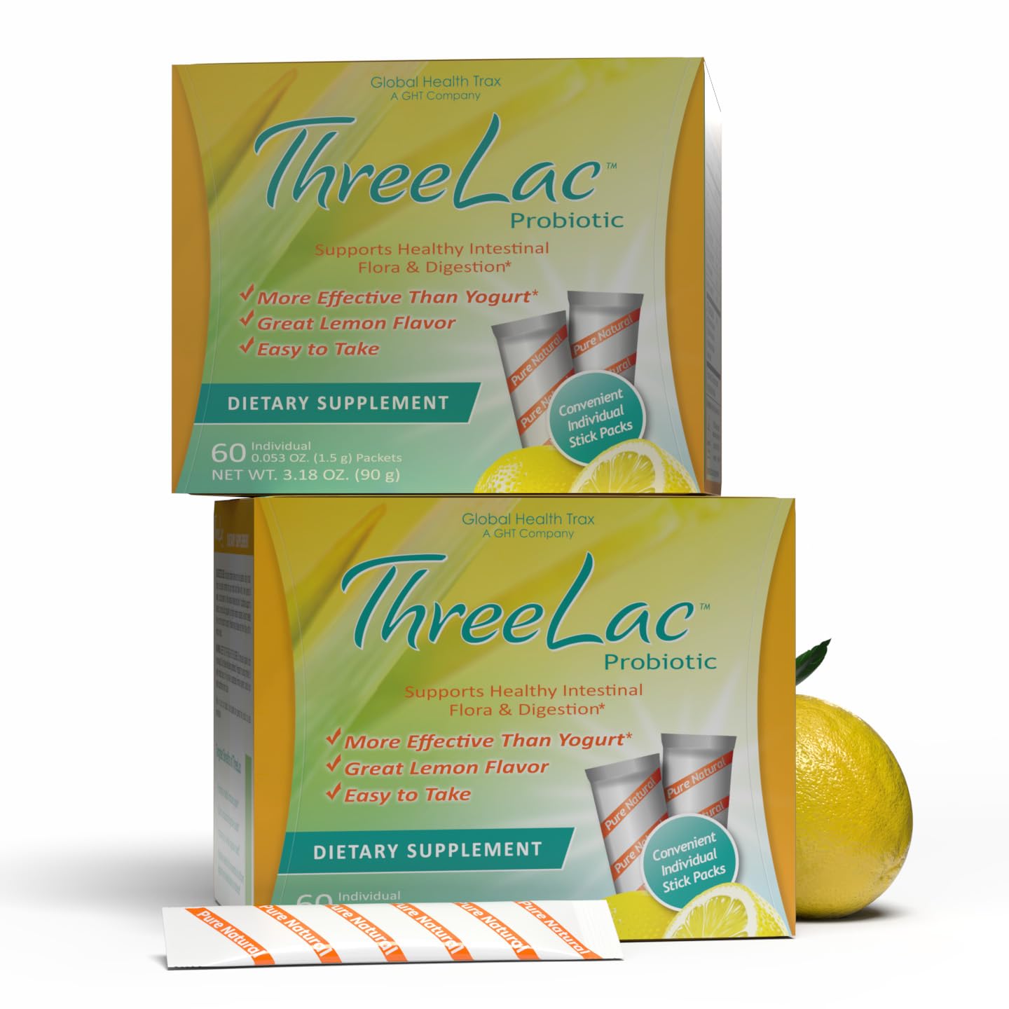 Global Health Trax ThreeLac Lemon Probiotic Drink Mix for Digestive Health - Advanced Probiotic Powder Formula for Men, Women, and Kids - Immune Support & Gut Balance, Non-GMO - 120 Packets
