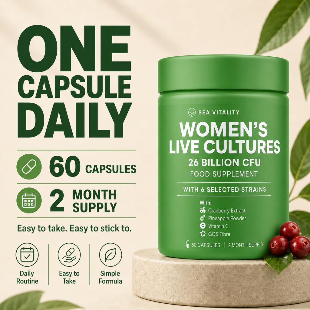 Women's Live Cultures Food Supplement - 26 Billion CFU, 6 Selected Strains with Cranberry Extract, Pineapple Powder, GOS & Vitamin C - 60 Capsules, 1-a-Day Formula for Women, 60 Day Supply