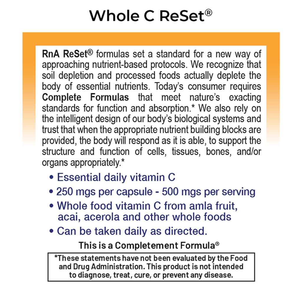 RnA ReSet Whole C Reset – Vita-C Fruit Blend with Bioflavonoids & Polyphenols, Organic Vitamin C Complex, Immune Support, NSF Contents Certified (60 Capsules)