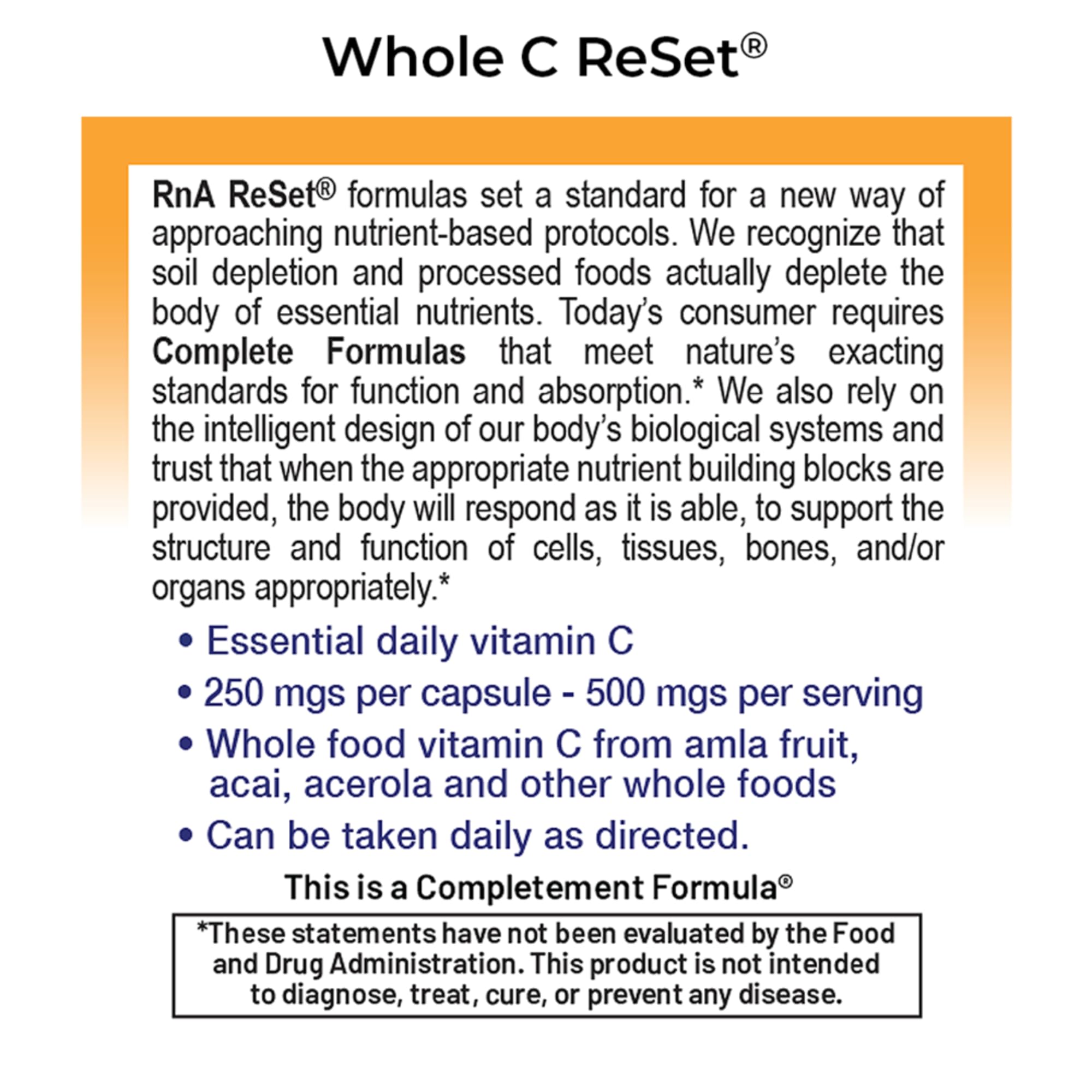 RnA ReSet Whole C Reset – Vita-C Fruit Blend with Bioflavonoids & Polyphenols, Organic Vitamin C Complex, Immune Support, NSF Contents Certified (60 Capsules)