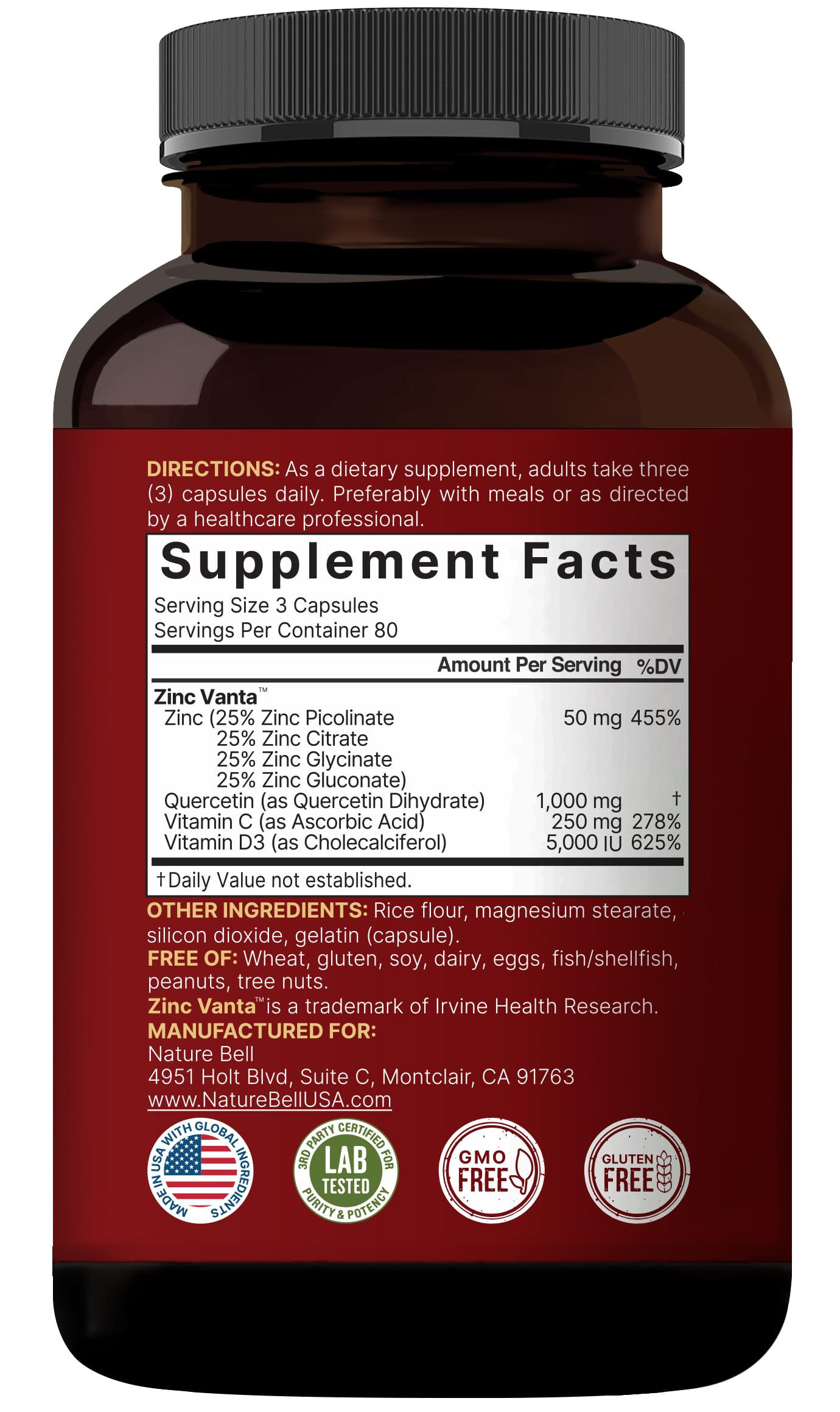 NatureBell Zinc Quercetin with Vitamin C & D3, 480 Capsules (2 Pack) | Quercetin 1,000mg + Zinc 50mg + Vitamin C 250mg + Vitamin D3 5,000 IU | 4-in-1 Advanced Immune & Lung Support | ZincVanta Formula