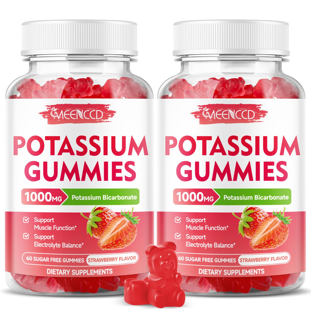 2 Pack Potassium Gummies 1000mg, Potassium Bicarbonate Supplement for Adults & Kids, Potassium Supplement for Electrolyte Balance & Muscle Heath, Sugar-Free, Strawberry Flavor, 120 Count