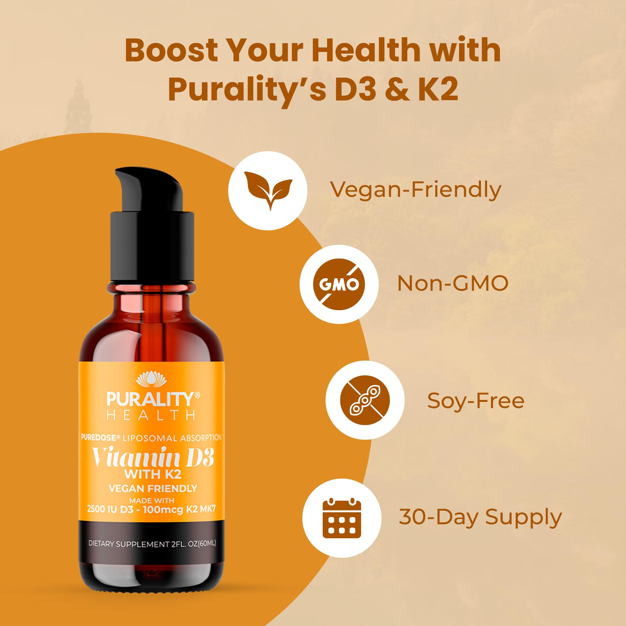 PURALITY HEALTH Vitamin D3 with K2 Liquid Supplement, Vegan, Micelle Liposomal Enhanced Absorption, Non-GMO, 30 Day Supply