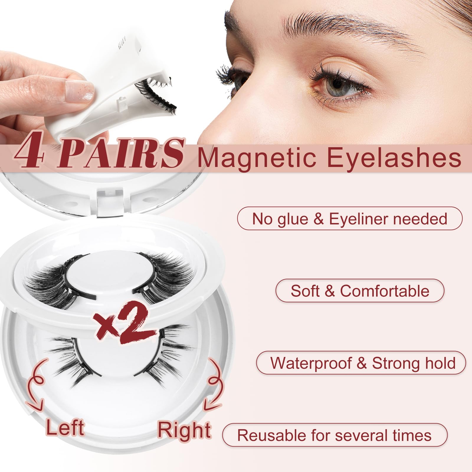 Higu clace Magnetic-Lashes with Applicator, 4 Pairs Magnetic Eyelashes No Glue or Eyeliner Needed, Easy to Wear and Remove(Style 4B)