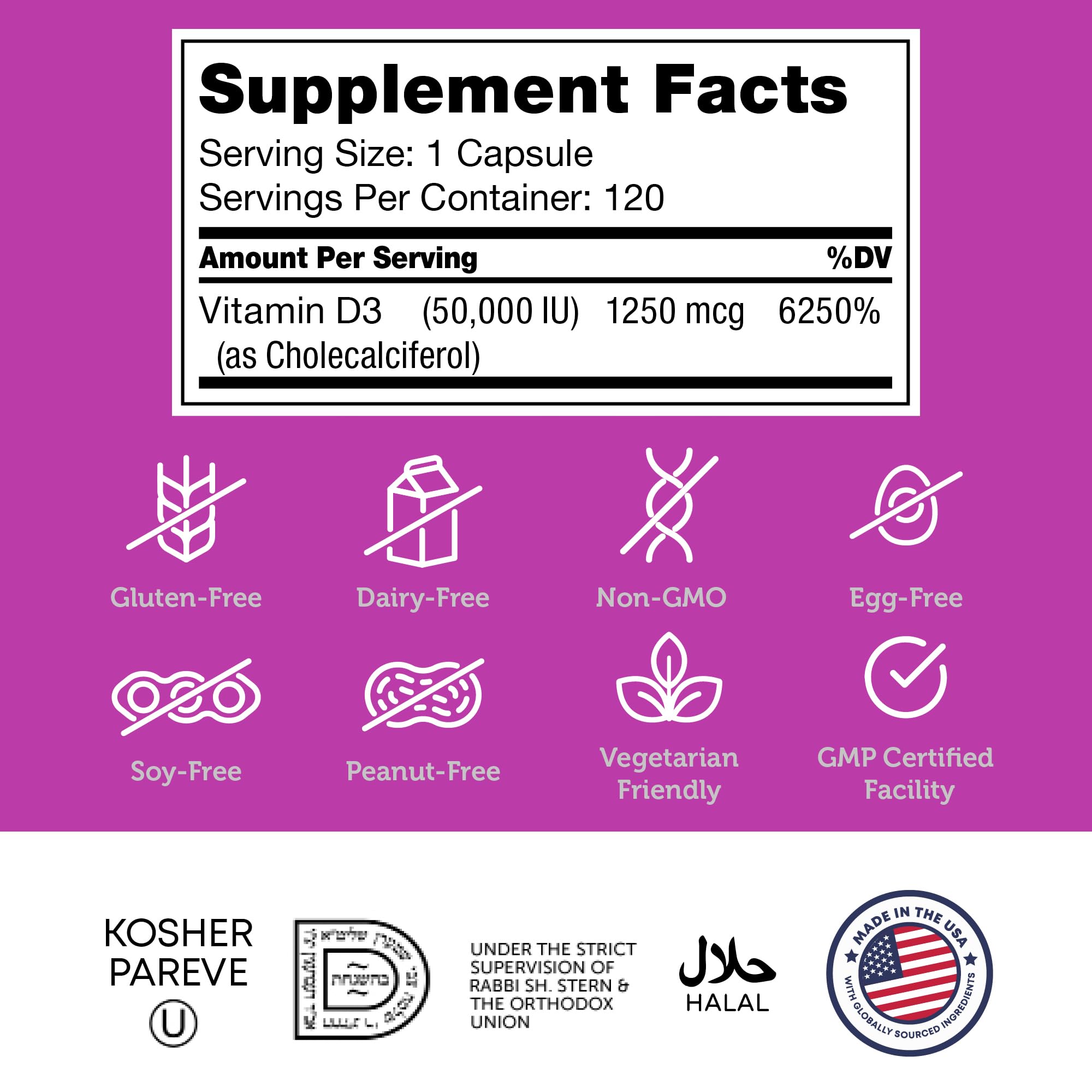 Zahler - Advanced Vitamin D3 50000 IU capsules (120 Count) Kosher Vegetarian Friendly Vitamin D for Immune Support, Bone, Teeth & Muscle Health - Weekly D3 Vitamin Supplement- Easy Swallow Vitamin D3.