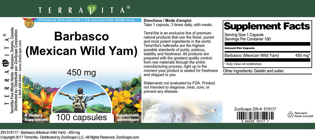 Barbasco (Mexican Wild Yam) - 450 mg (100 Capsules, ZIN: 519117)