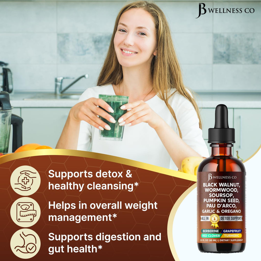 Wormwood Black Walnut Cleanse for Humans Drops Liquid Soursop Garlic Pumpkin Seed PAU D'Arco Oil of Oregano Turmeric Berberine Neem Extract Hull Bark Tincture - 6 oz