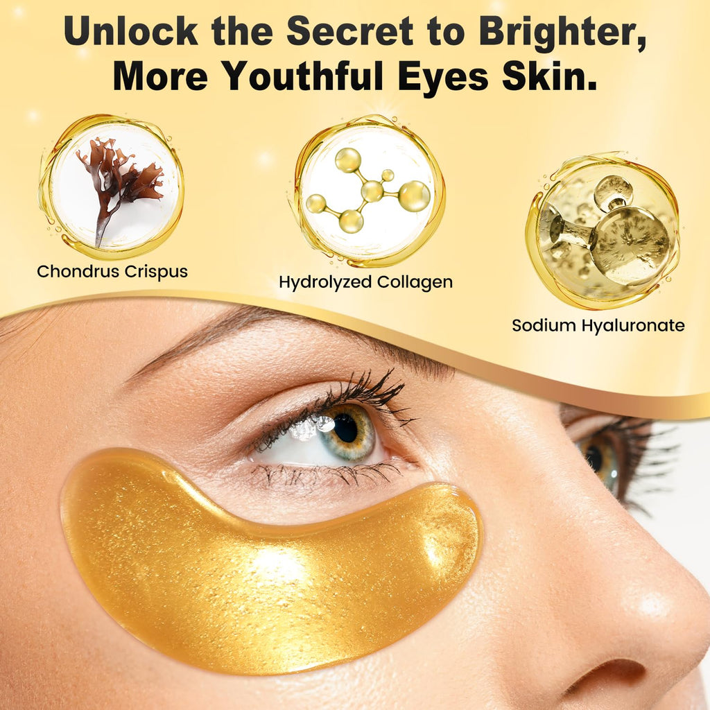 24K Gold Under Eye Patches, 24 Pairs Gel Eye Pads Skincare, Collagen Hyaluronic Acid, Against Dark Circles, Self Care Mask for Bags, Puffiness, Wrinkle Removal, Dermatologically Tested
