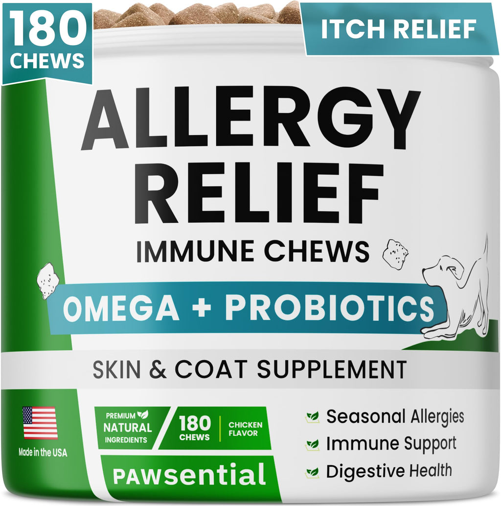 PAWSENTIAL Allergy Relief Dog Chews - Itchy Skin Relief w/Probiotics + Omega 3 + Colostrum - Seasonal Allergies - Anti-Itch Treats - Skin&Coat + Immune Supplement - Made in USA - Chicken Flavor -180Ct