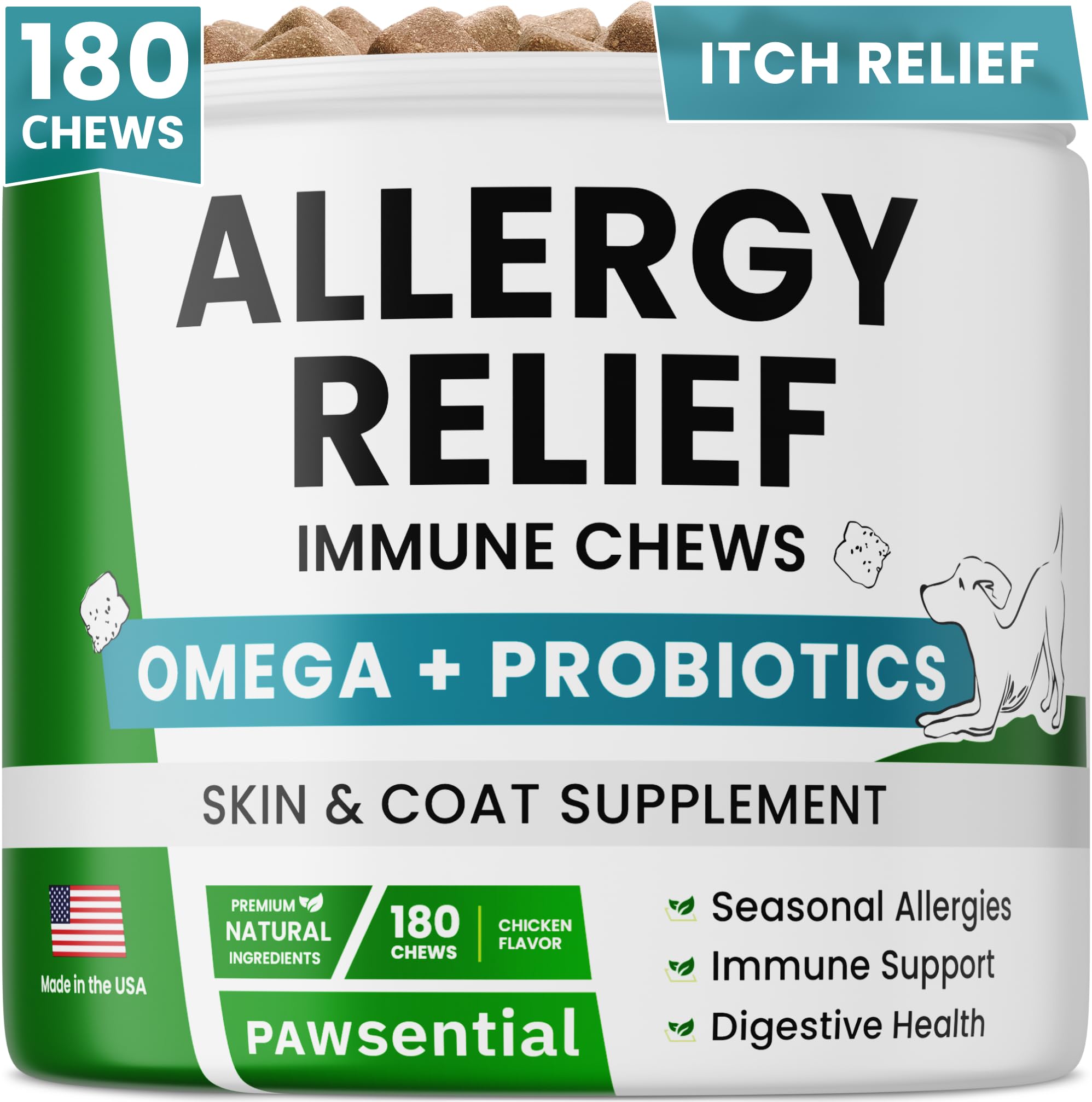 PAWSENTIAL Allergy Relief Dog Chews - Itchy Skin Relief w/Probiotics + Omega 3 + Colostrum - Seasonal Allergies - Anti-Itch Treats - Skin&Coat + Immune Supplement - Made in USA - Chicken Flavor -180Ct