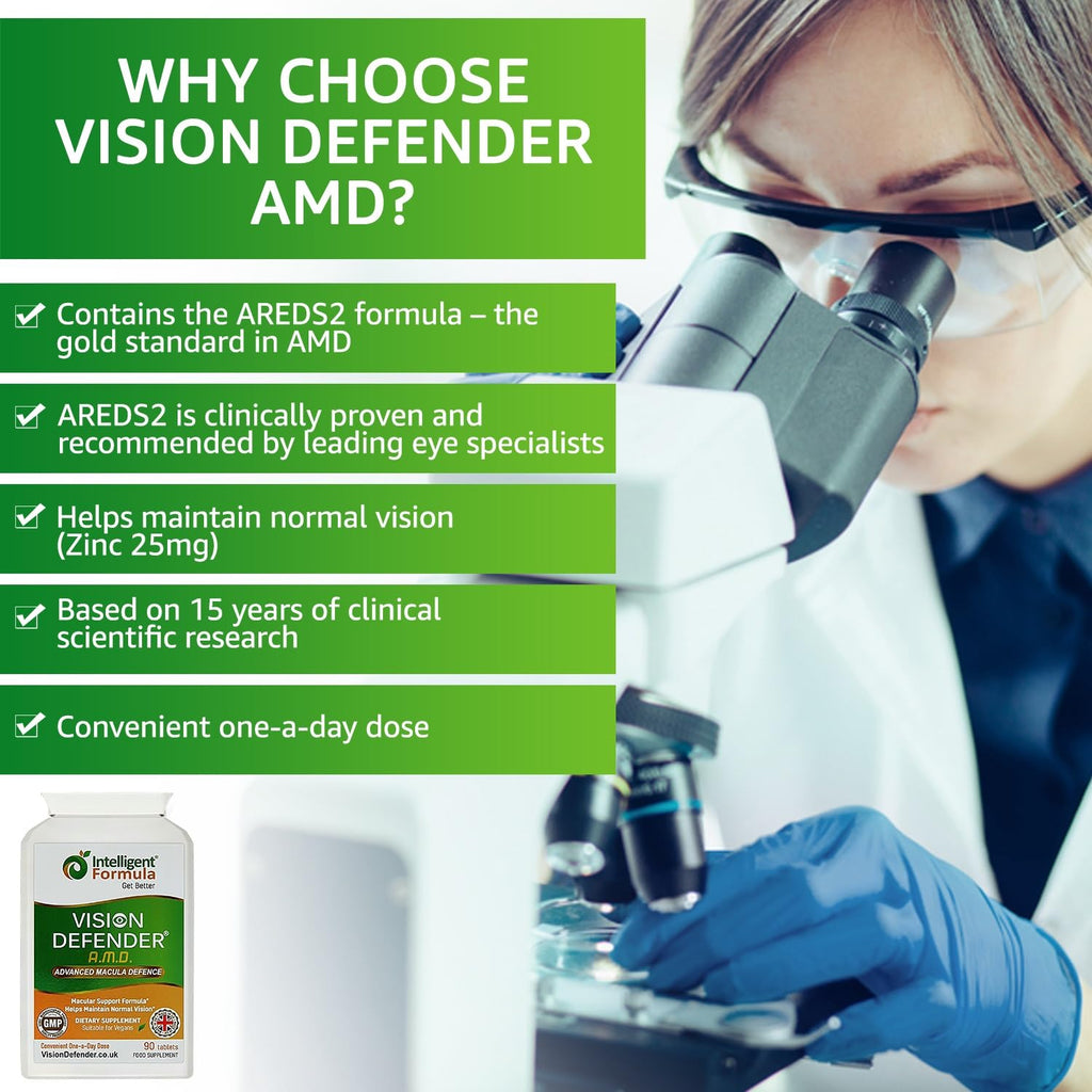Vision Defender AMD AREDS2 Eye Vitamins – Exact AREDS 2 Formula with Lutein & Zeaxanthin, Vitamins C & E, Zinc 25 mg & Copper – Once Daily Vegan Eye Health Supplement, 90 Tablets