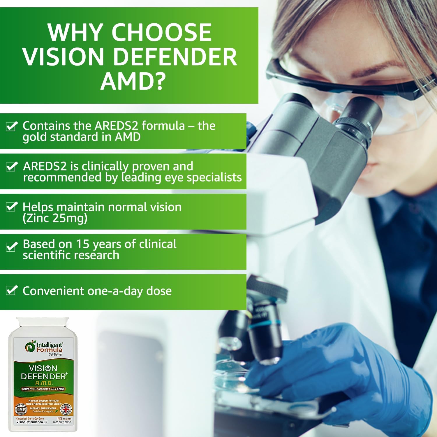 Vision Defender AMD AREDS2 Eye Vitamins – Exact AREDS 2 Formula with Lutein & Zeaxanthin, Vitamins C & E, Zinc 25 mg & Copper – Once Daily Vegan Eye Health Supplement, 90 Tablets