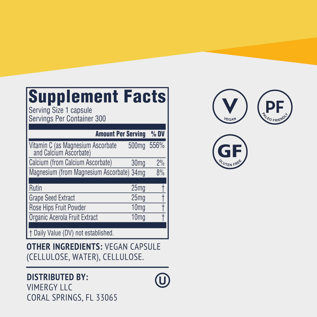 Vimergy Micro-C® Vitamin C Capsules – 500mg per Capsule, Supports Immune Health*, Promotes Collagen Production, Supports Healthy Bones*, Kosher, Vegan & Gluten-Free, Value Size 300 Capsules