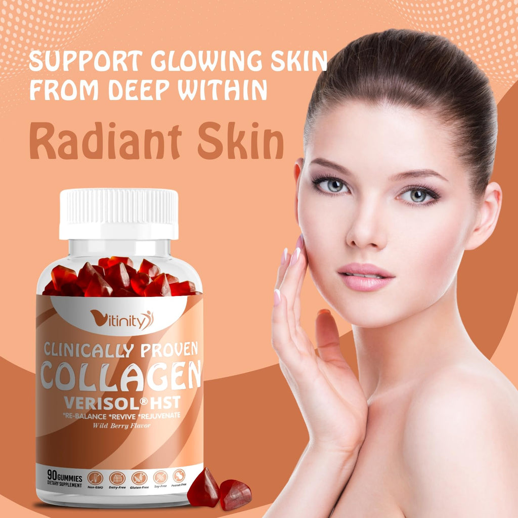 VITINITY VERISOL® HST+HA+VIT C Collagen Hard Chewy Gummies Clinically Proven Beauty.Firmer,Smoother Skin,Fewer Wrinkles,Reduced Cellulite.True Beauty from Within.The Look-Good Feel-Good -30 Day Supply