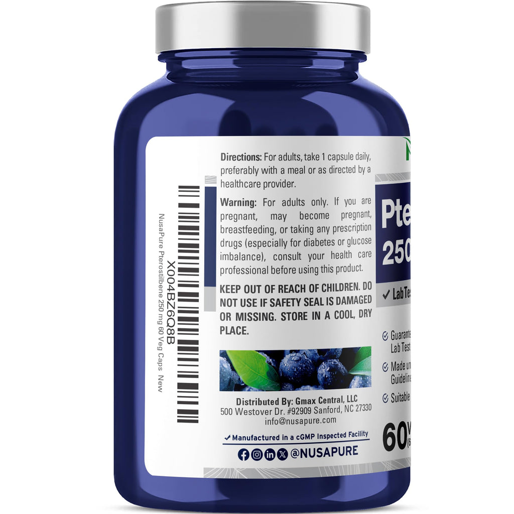NusaPure Pterostilbene - Suitable for Vegetarian/Vegan, Non- GMO - 250mg - 60 Capsules