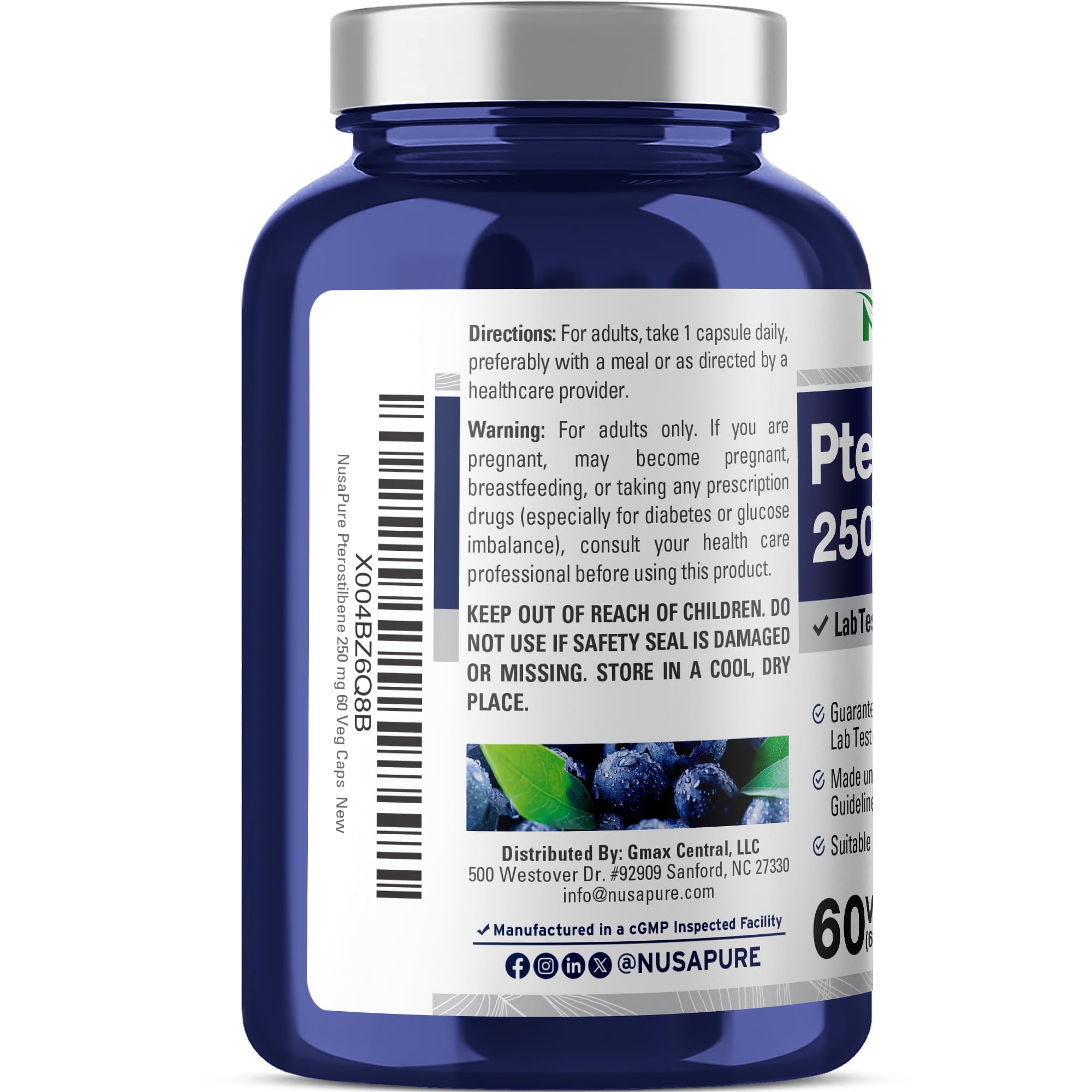 NusaPure Pterostilbene - Suitable for Vegetarian/Vegan, Non- GMO - 250mg - 60 Capsules
