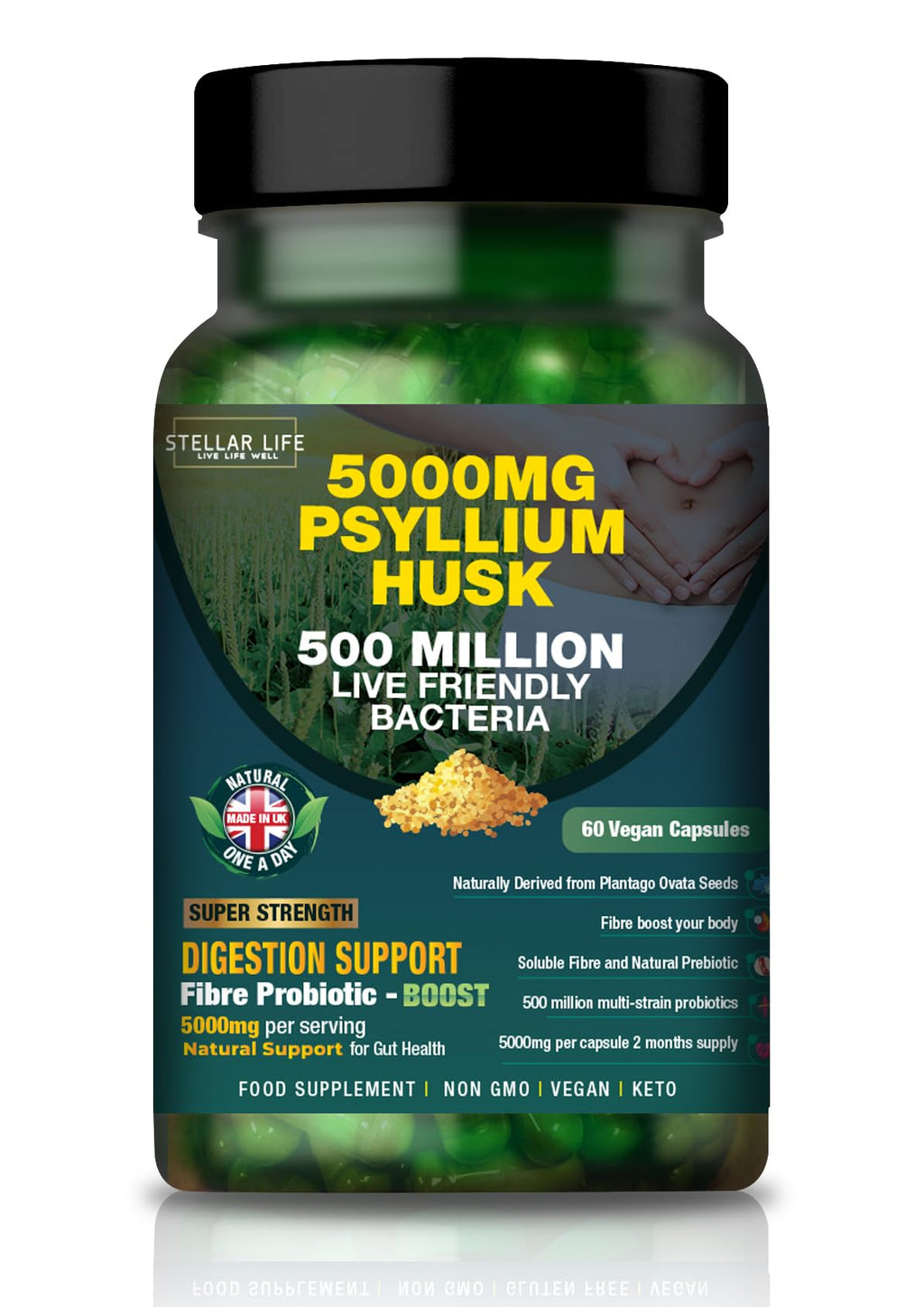 Fibre Supplement 5000mg Psyllium Husk with 500 Million Multi-Strain Probiotic - High Strength - Natural Soluble Fiber Supplement Plantago Ovata Seeds 2 Month Supply Psyllium Husks Capsules Vegan, UK