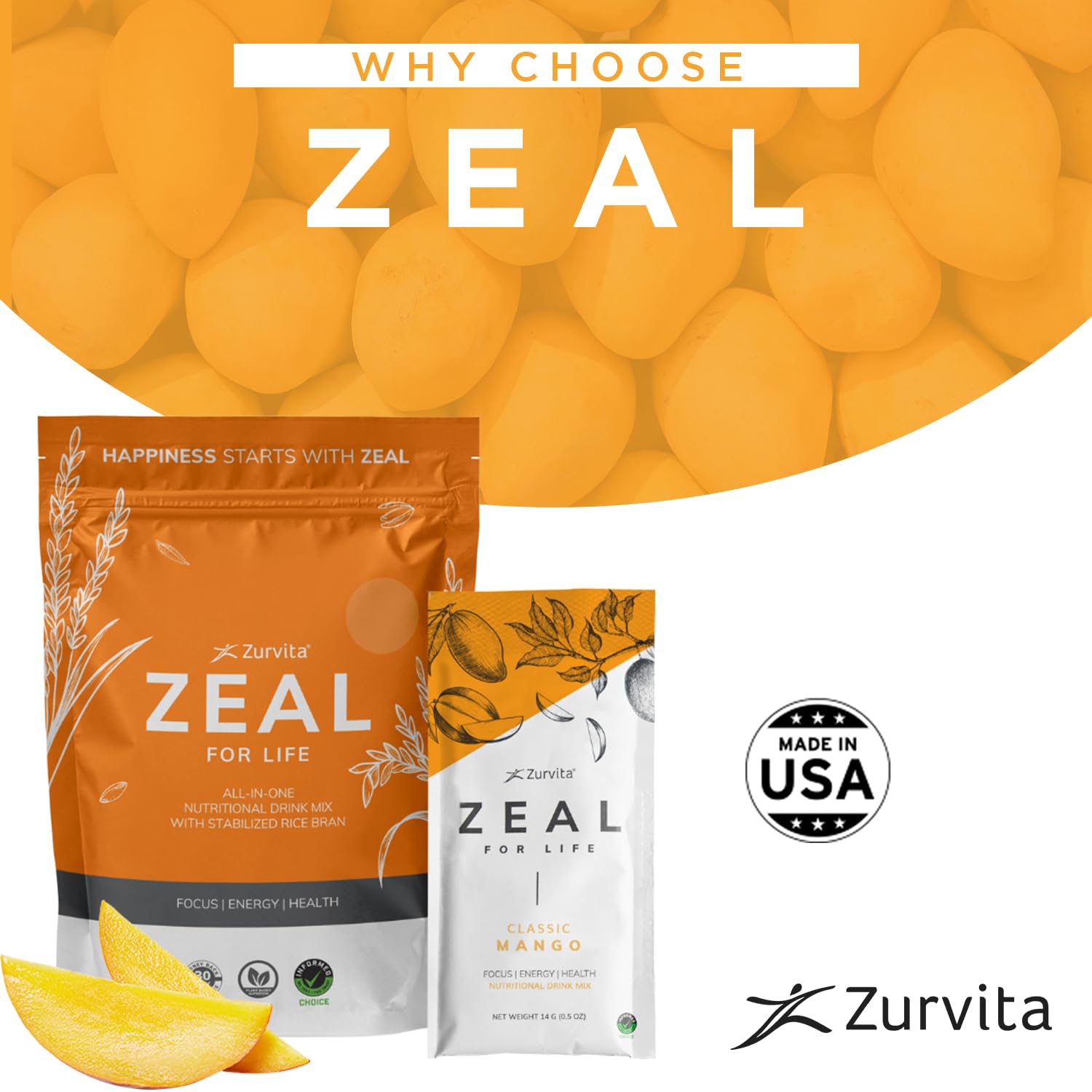 Zurvita - Zeal for Life Wellness Drink Mix - Classic Mango Flavor - Gluten-Free, Vegan, with Biotin, Vitamins and Minerals for Health - 10 Packets