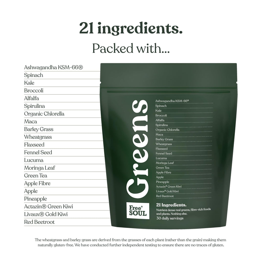 Free Soul Greens - 21 Advanced Greens, Superfoods, and Adaptogens Including KSM-66® Ashwagandha, Vegan & Gluten-Free, Advanced Natural Formula, UK Made, 30 Servings (Original)