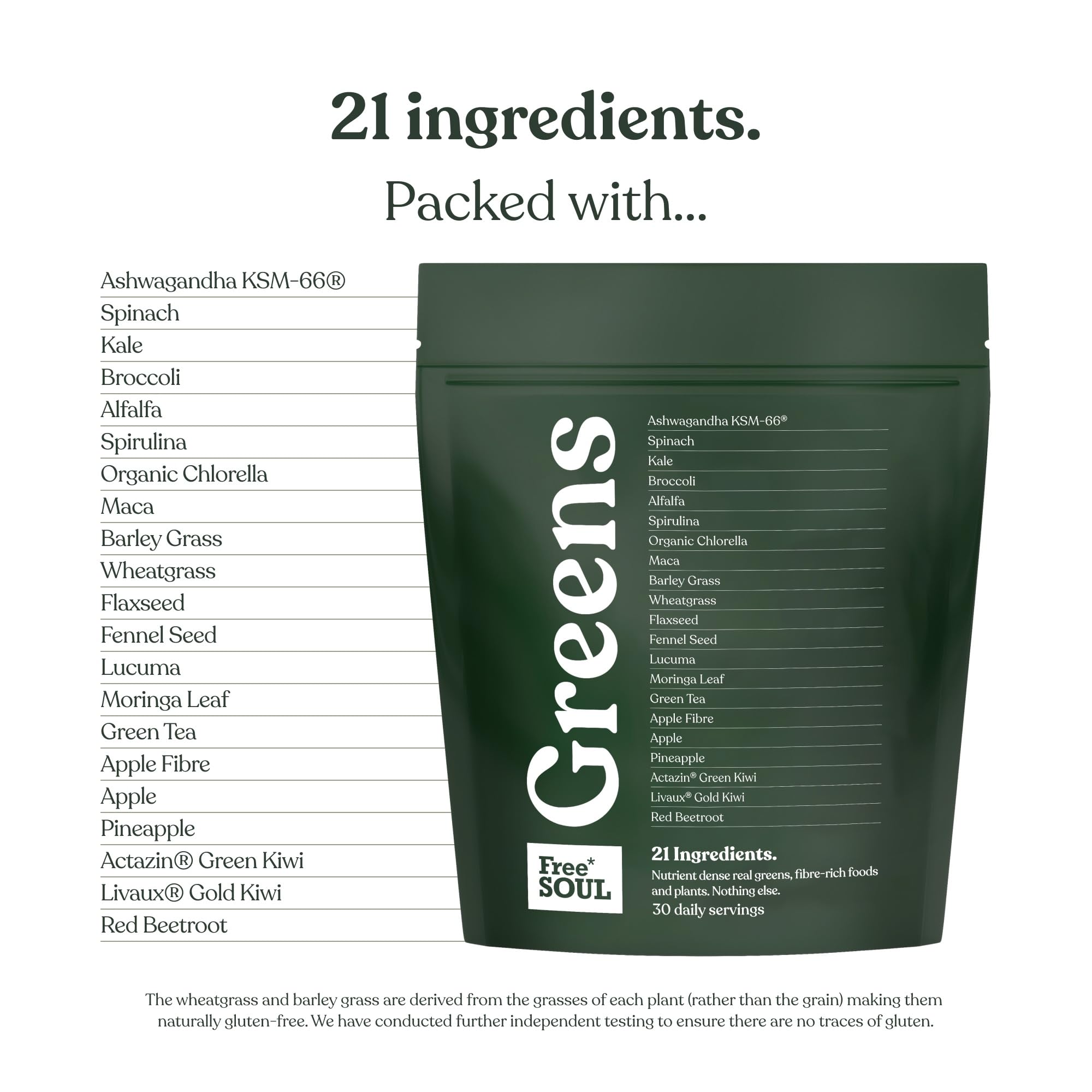 Free Soul Greens - 21 Advanced Greens, Superfoods, and Adaptogens Including KSM-66® Ashwagandha, Vegan & Gluten-Free, Advanced Natural Formula, UK Made, 30 Servings (Original)