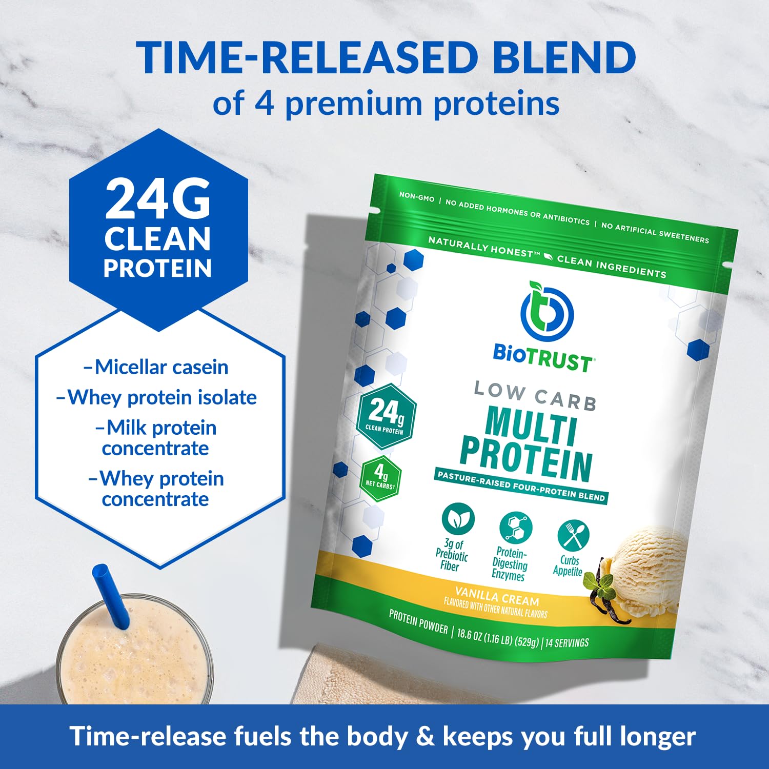 BioTrust Low Carb Protein Powder - Natural and Delicious Whey & Casein Blend from Grass-Fed Hormone Free Cows - Non GMO, Soy Free, Gluten Free, Hormone Free (Vanilla)