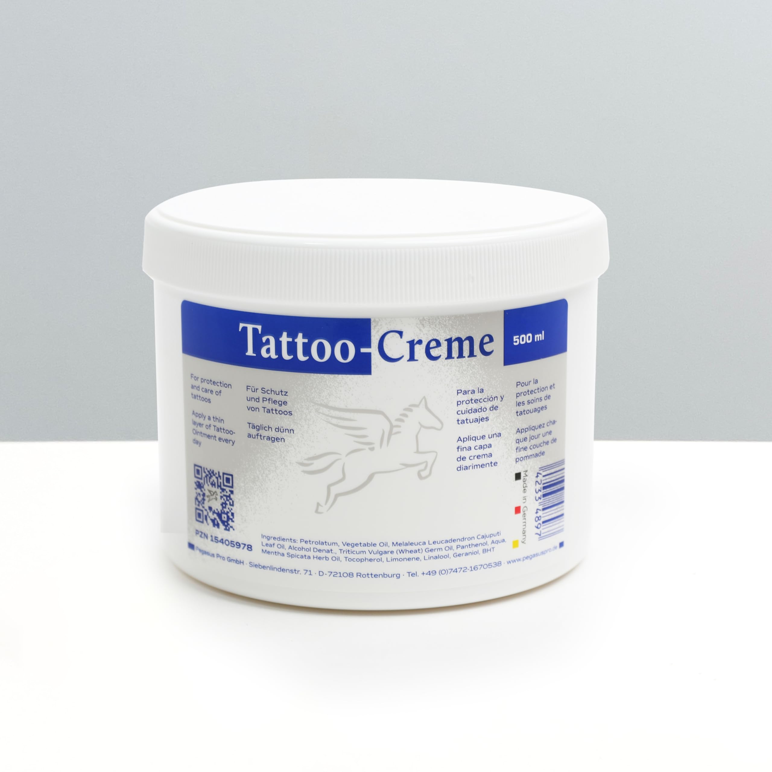 Pegasus Pro Tattoo Cream Ointment, 500 ml, Daily Care & Aftercare for Intensive Tattoo Protection, Moisturising with Cajeput Oil, with Wheat Germ Oil and Dexpanthenol, Made in Germany